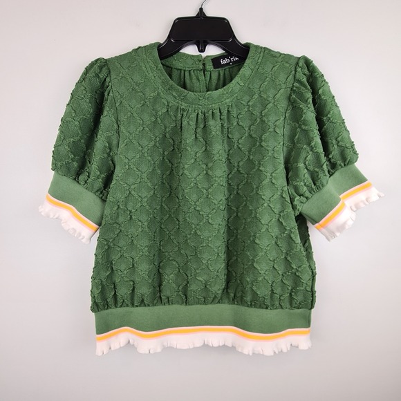 fab'rik Tops - Fab'rik Green Textured Puff Sleeve Ruffle Hem Top Small Womens Preppy blouse